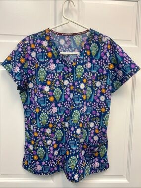 Divine Stretch by JDM Medical Scrub Top Featuring Vibrant Peacocks and Floral
